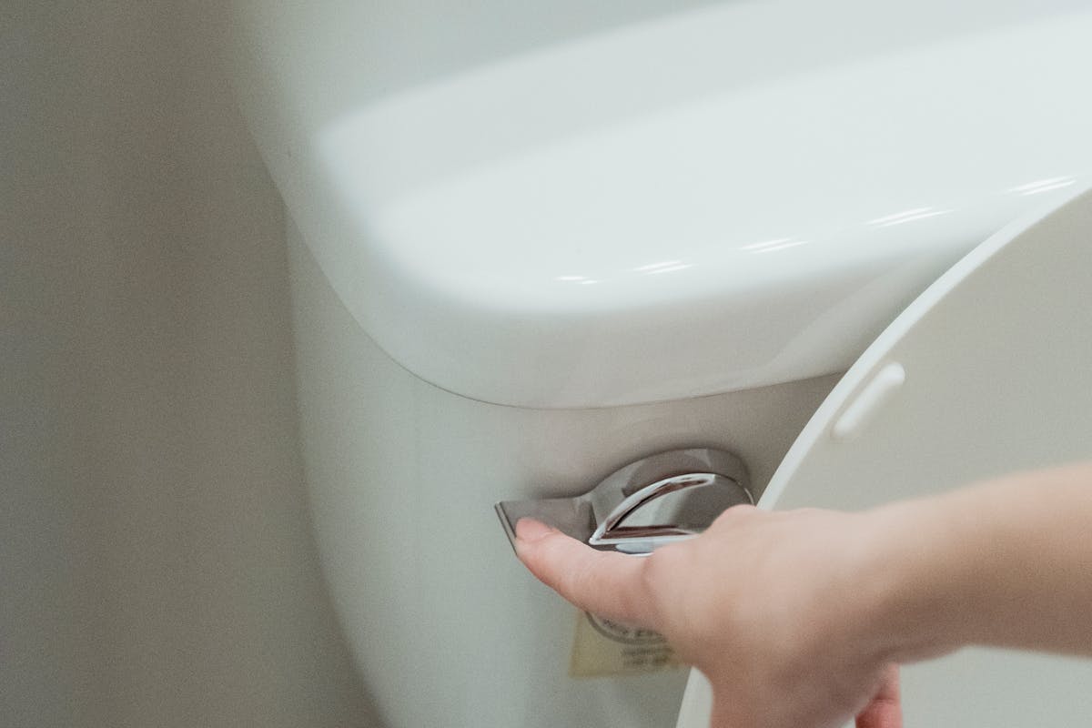 Hand pressing a toilet flush handle.