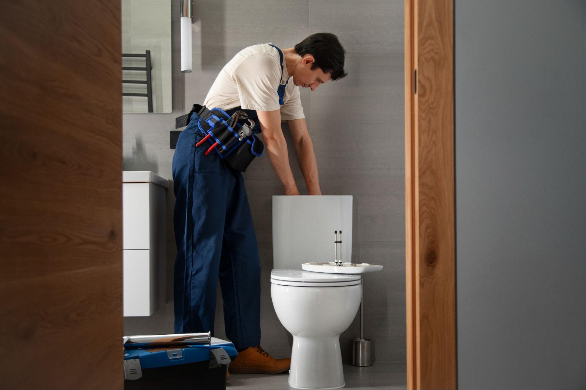 Plumber showing a toilet part to a customer in a bathroom.