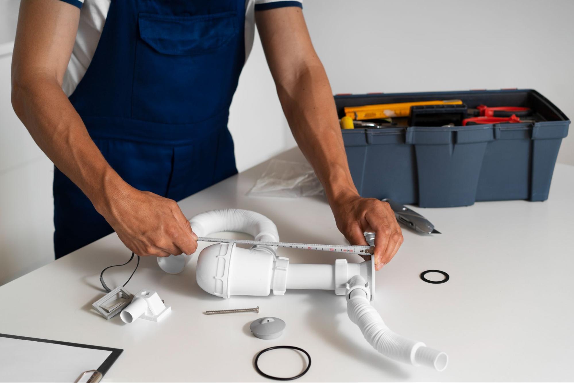 Person measuring a plastic pipe next to a toolbox.