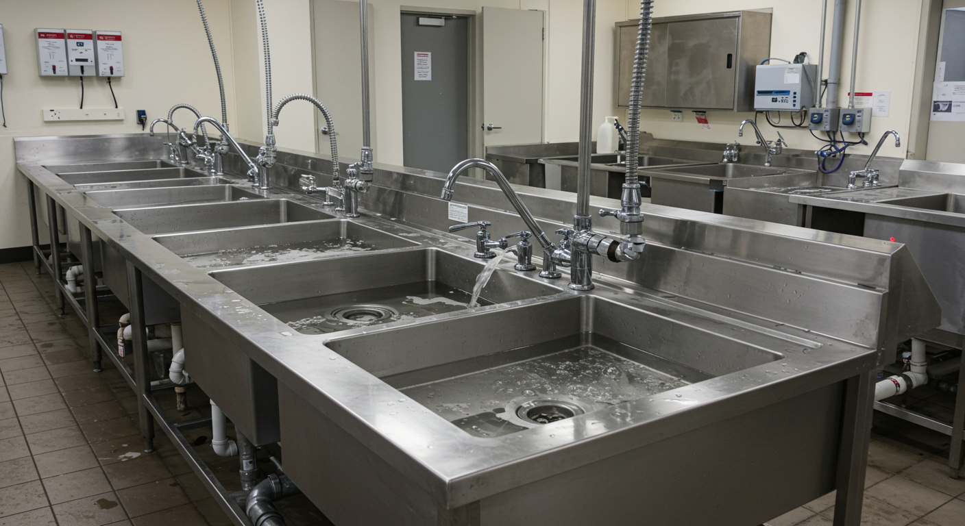 Wide view of a stainless steel commercial kitchen with multiple deep sinks filled with standing water, showing a realistic clog. Industrial countertops, faucets, and drainboards are visible, with water backed up in each basin. The scene is bright, professional, and detailed, highlighting a plumbing issue in a real commercial environment. Photorealistic style, sharp detail, natural lighting.