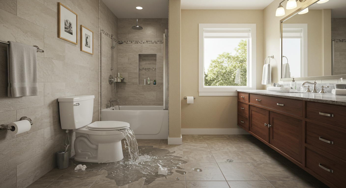 Wide view of a modern master bathroom in a California-style home. A white toilet is overflowing with water spilling onto the tiled floor, creating a realistic plumbing emergency. The space looks like a real residential home, with clean finishes and natural lighting. Photorealistic style, sharp detail.