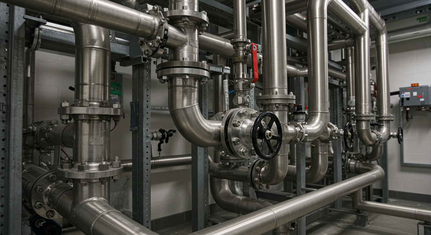 Close-up of a modern commercial plumbing system inside a building. Shiny stainless steel pipes, large valves, and neatly organized fittings with clean surroundings. The setup looks professional, reliable, and well-maintained. Photorealistic style, sharp detail, natural lighting."