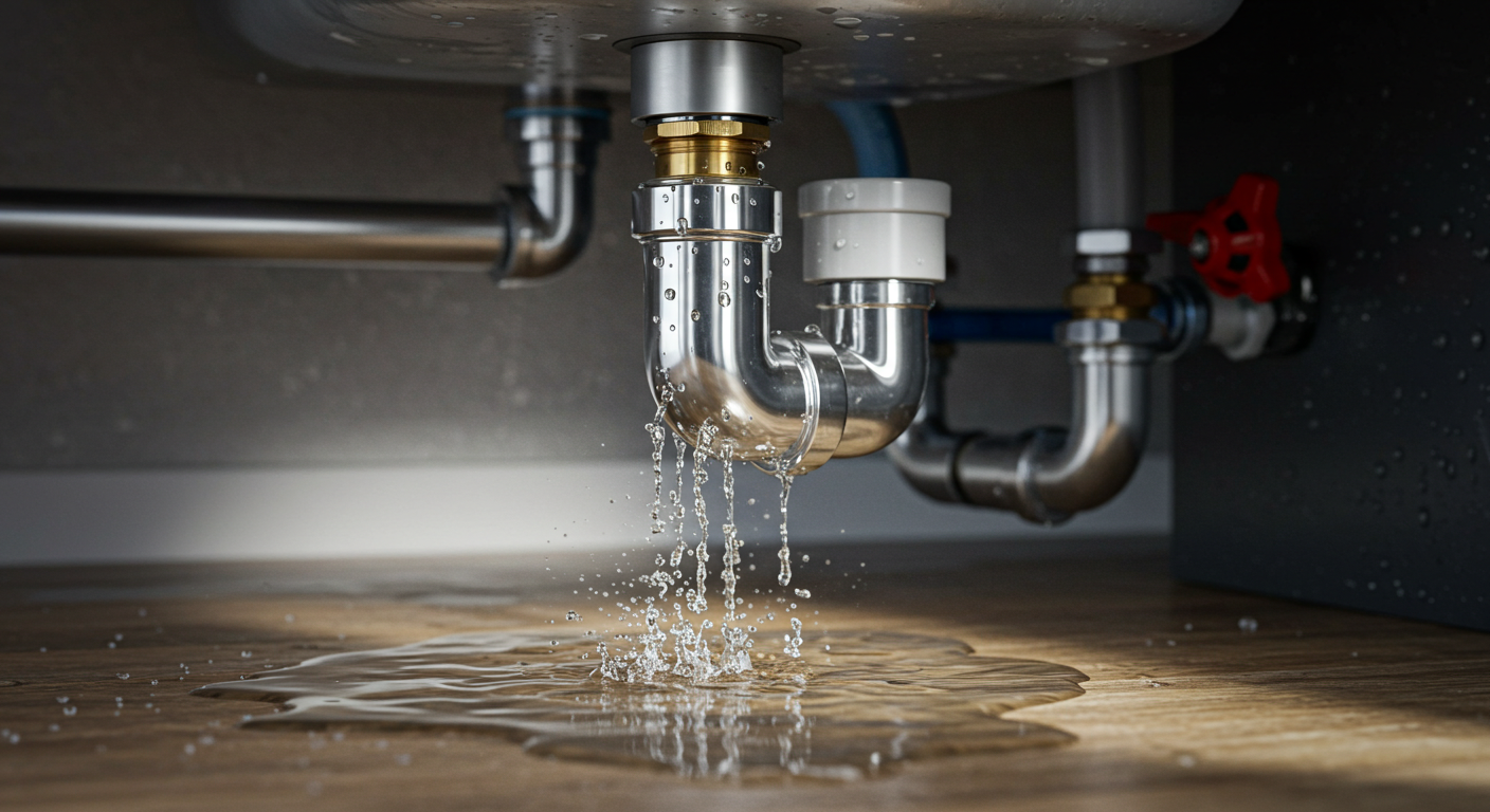 Close-up of water leaking from a burst pipe under a sink, with droplets and pooling water on the floor. Chrome and PVC pipes are visible, with sharp detail and natural lighting. The scene conveys urgency and the need for immediate plumbing repair.