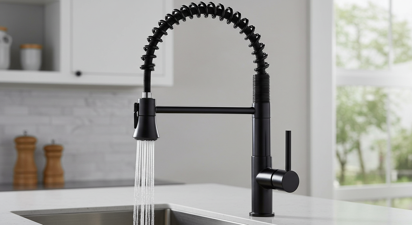 Close-up of a modern matte black high-arc pull-down kitchen faucet with a spring coil design. Dual spray head with water running into a clean stainless steel sink and bright countertop. The faucet looks sleek, durable, and properly installed. Photorealistic style, sharp detail, natural lighting.