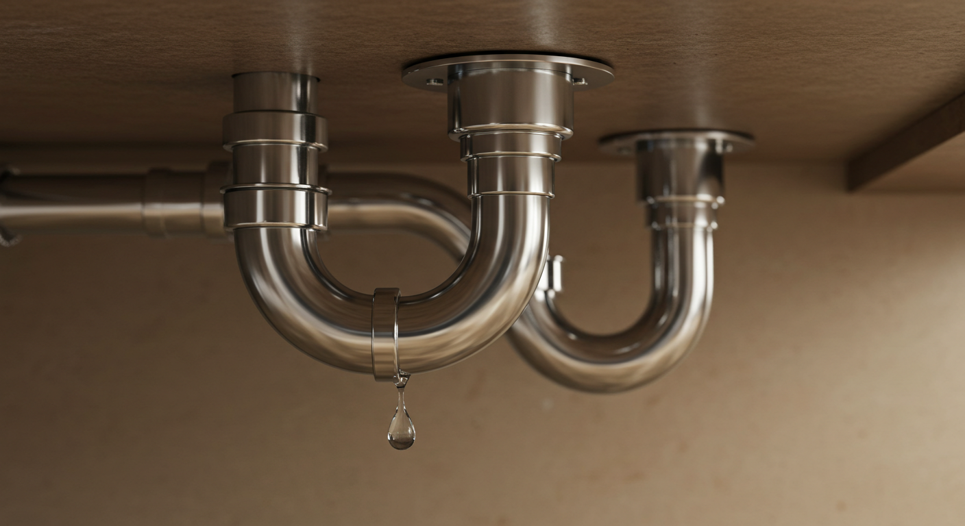 Under-sink plumbing with a chrome P-trap pipe. A small leak is visible at the pipe joint, with a droplet of water forming and beginning to drip. The pipes are full length, clean, and properly installed against a neutral background. Photorealistic style, sharp detail, natural lighting."