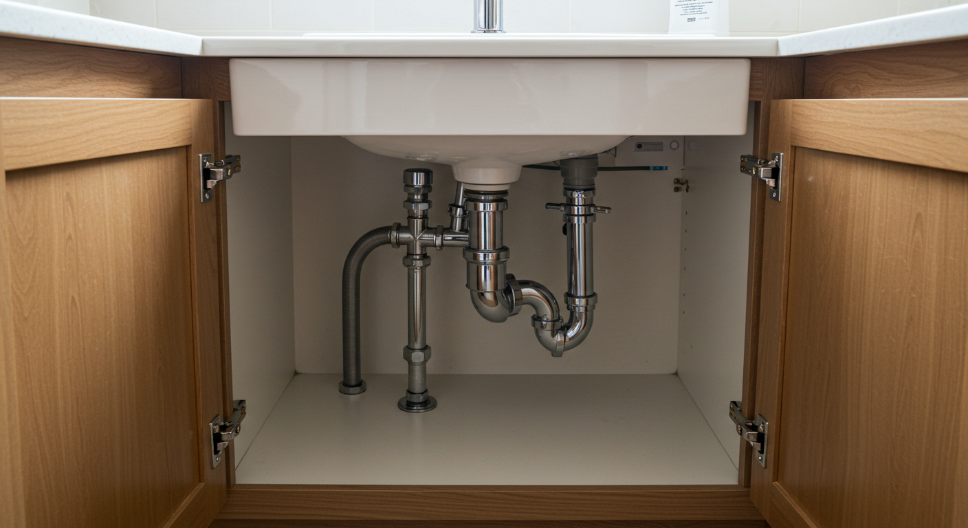 Bathroom sink with the cabinet doors open, exposing the under-sink plumbing. Chrome P-trap and connected pipes are clearly visible beneath the white porcelain sink. Clean vanity countertop with a modern faucet above. Photorealistic style, sharp detail, natural lighting."