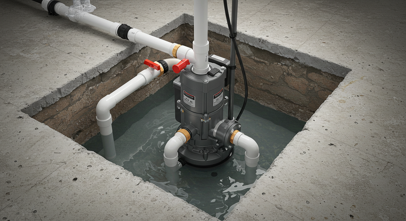 Basement sump pump system inside a sump pit partially filled with water. Vertical pump with connected PVC discharge pipe leading upward, surrounded by a neat concrete floor. The pump is clearly visible and functioning, with water in the pit showing its purpose. Photorealistic style, sharp detail, natural lighting.