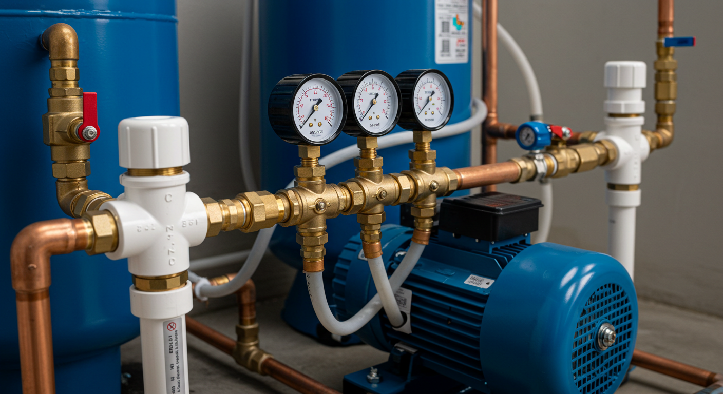 Close-up of a modern water pump system with a blue pressure tank connected to copper and PVC pipes. Valves, gauges, and fittings are neatly arranged, showing a professional installation. The pump and tank sit on a clean concrete floor in a utility room. Photorealistic style, sharp detail, natural lighting.