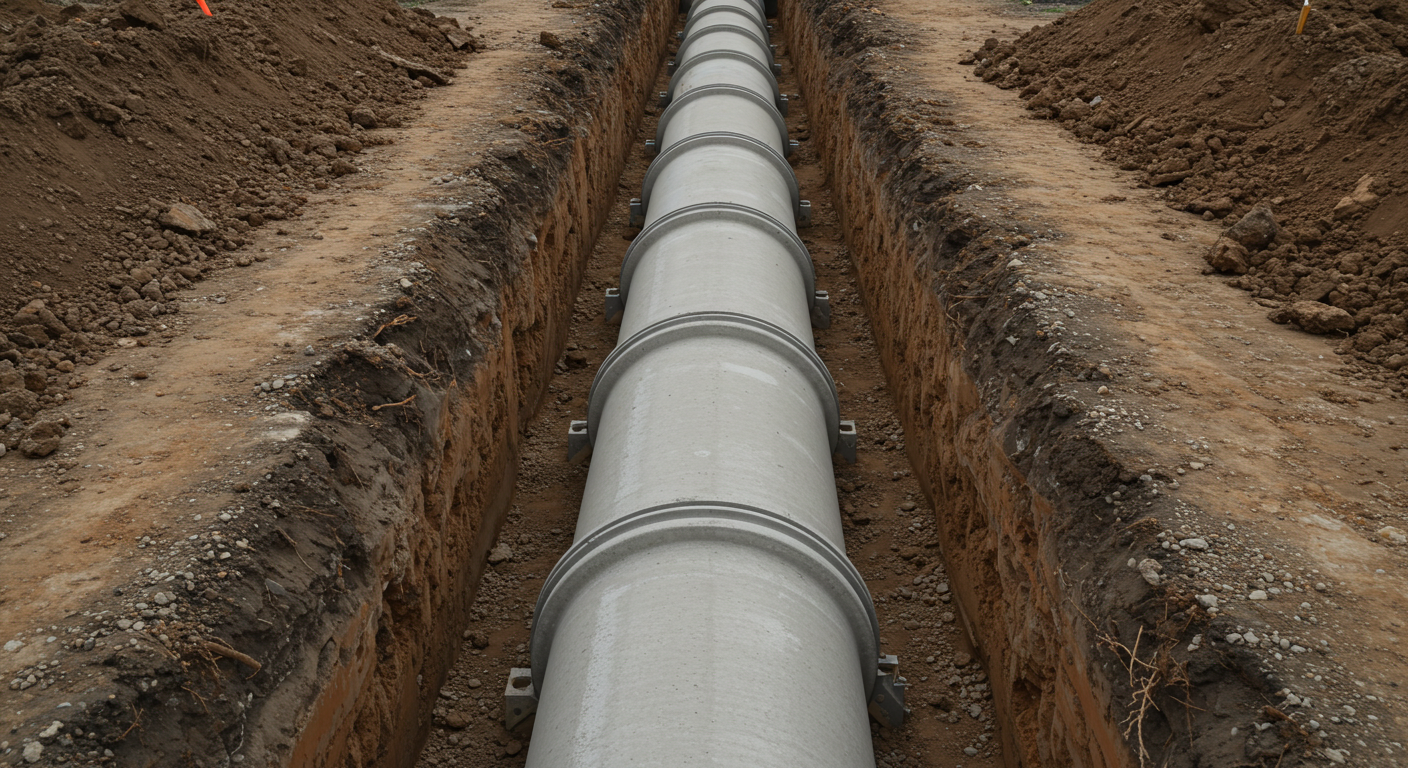 Bird’s-eye view of a new sewer line installation with large concrete pipes laid in a straight line inside an open trench. The pipes are neatly aligned and properly joined, surrounded by compacted soil. The perspective highlights the scale and organization of the installation. Photorealistic style, sharp detail, natural lighting.