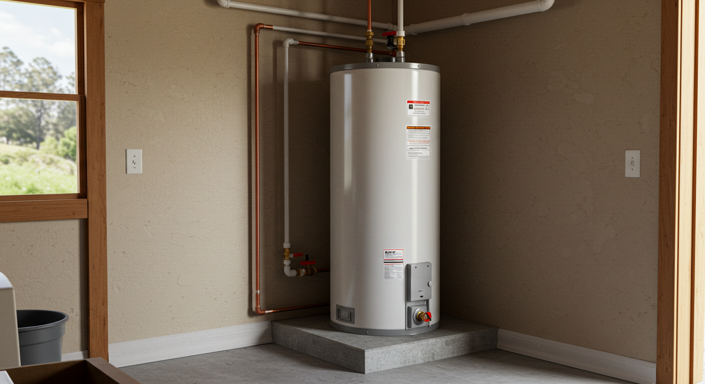 View of a residential water heater installed inside a California-style home. A tall white tank water heater is placed in a garage corner on a small concrete platform, with simple PVC pipes connected above. The surroundings look like a real home setting, with painted drywall and subtle household details nearby. Photorealistic style, natural lighting, sharp detail.
