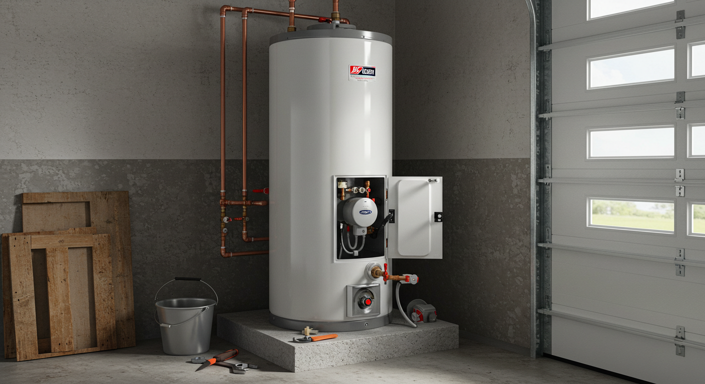 View of a residential water heater inside a home garage. A tall white tank water heater stands on a small concrete platform, clean and simple with minimal visible piping. An access panel on the heater is open, with a wrench and small bucket placed neatly on the floor beside it, showing routine maintenance in progress. Photorealistic style, natural lighting, sharp detail.