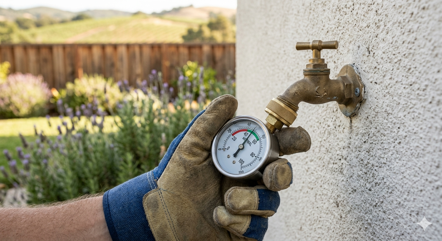 Plumber checking outdoor water pressure with a gauge