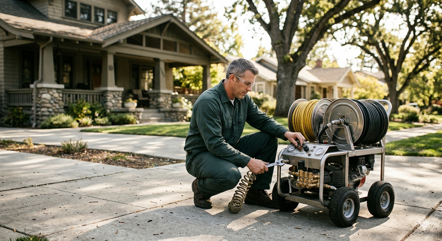 Plumber setting up hydro jetting equipment on a driveway
