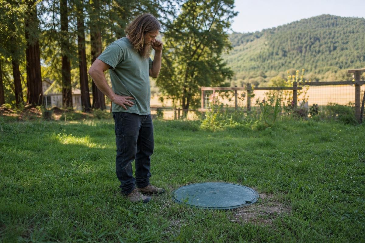 Technician locating a septic tank on a rural Ukiah hillside parcel