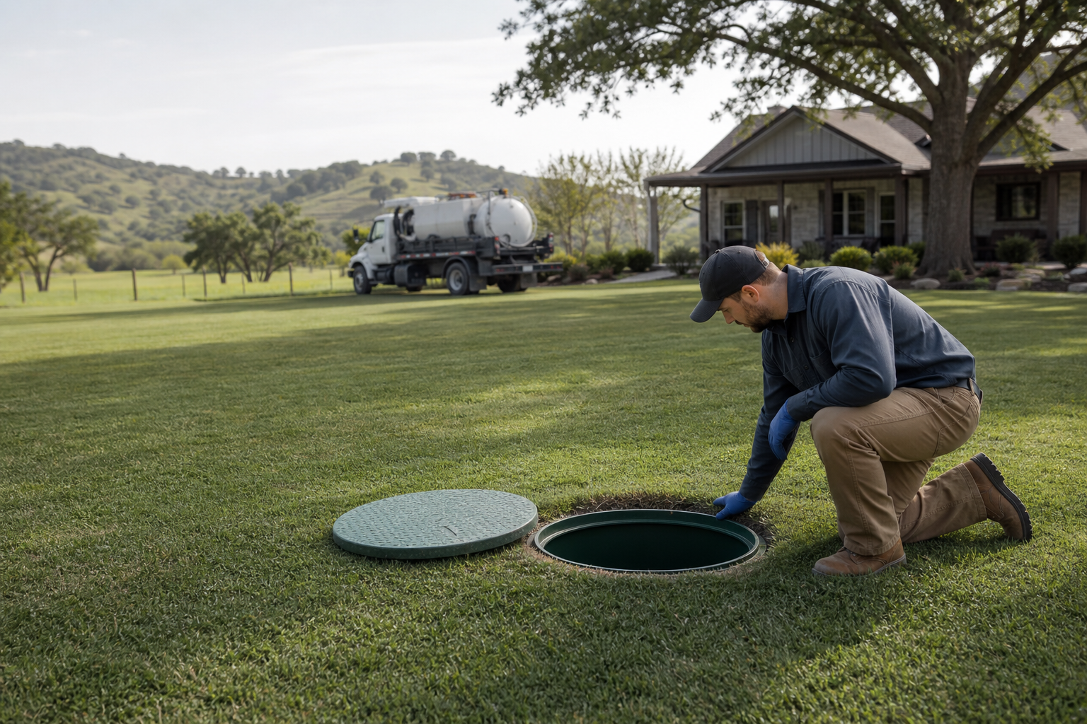 Septic technician inspecting an open access port in a yard