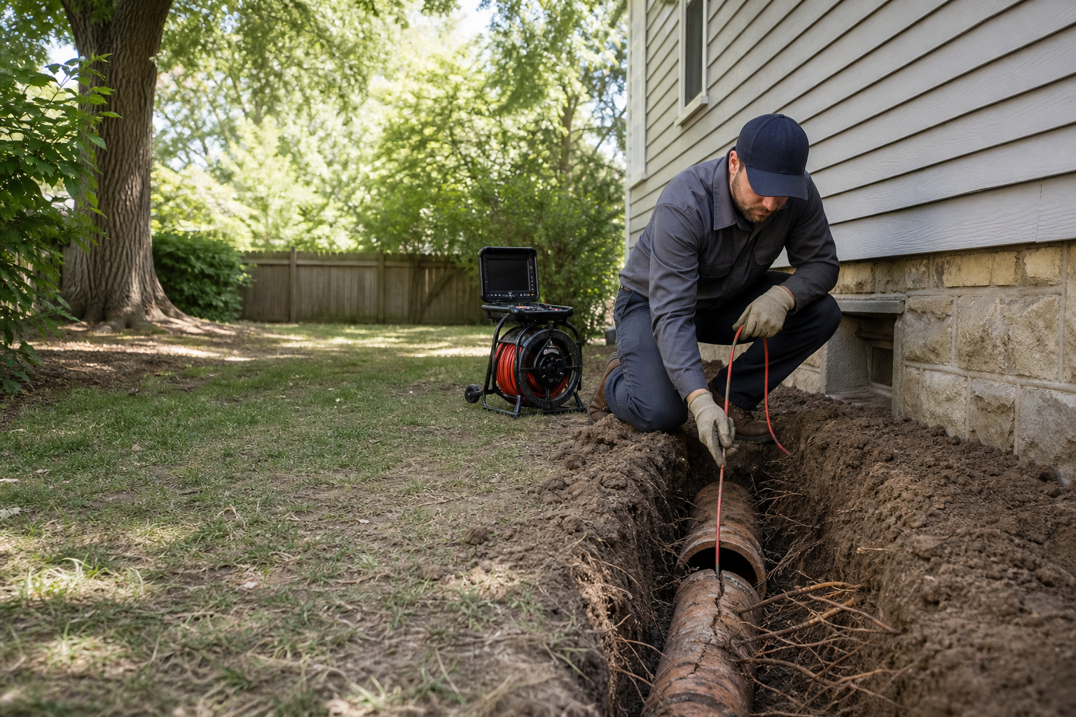 plumber inspecting an underground sewer line with a camera