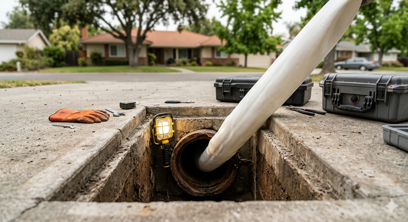 Plumber inspecting a residential sewer line with a camera