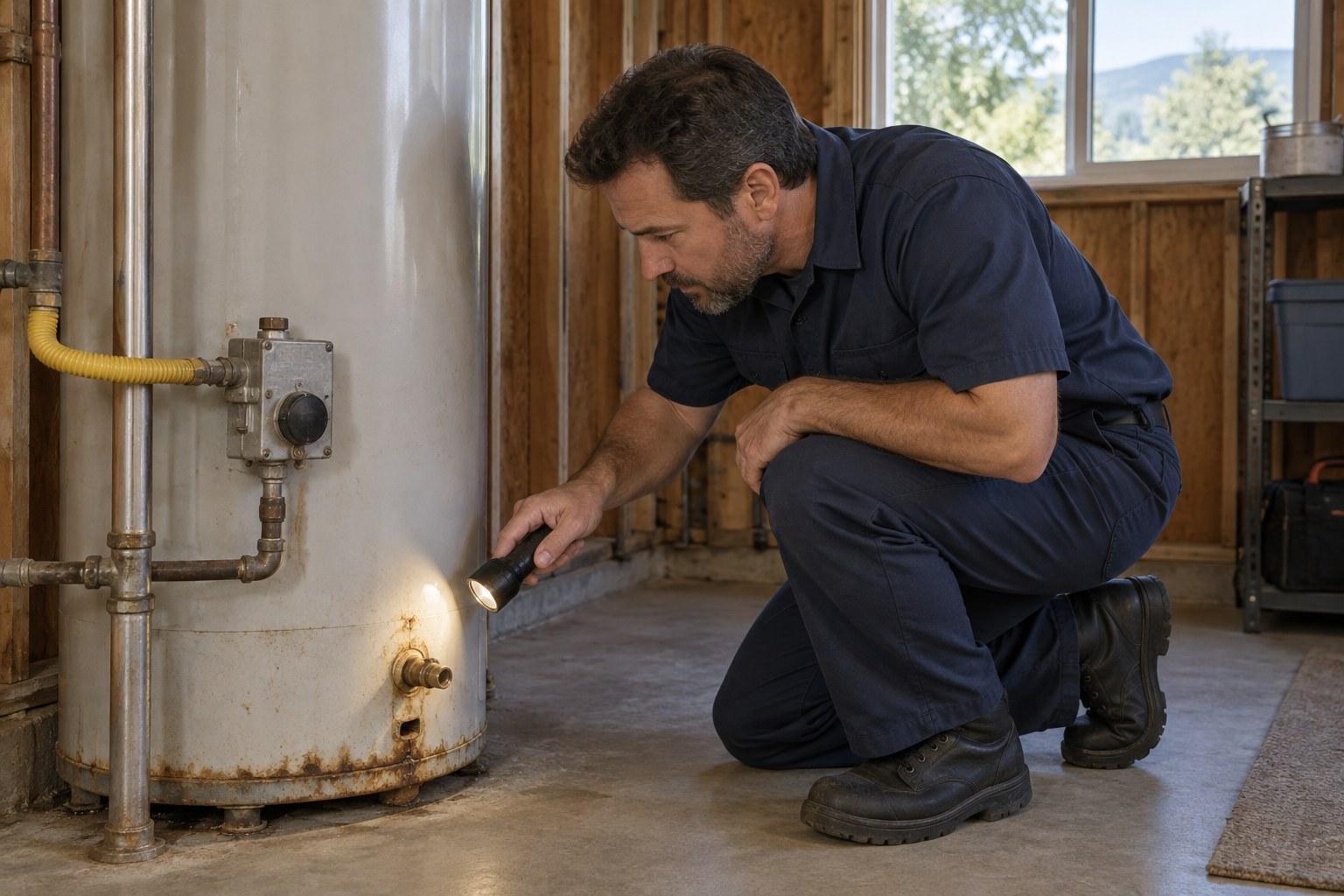 Plumber inspecting the base of a rusty, corroded water heater with a flashlight